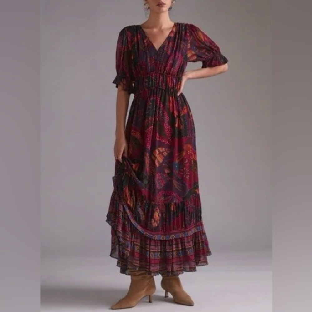 Anthropologie X Farm Rio Mixed Print Tiered Maxi Dress | XS | Boho Floral